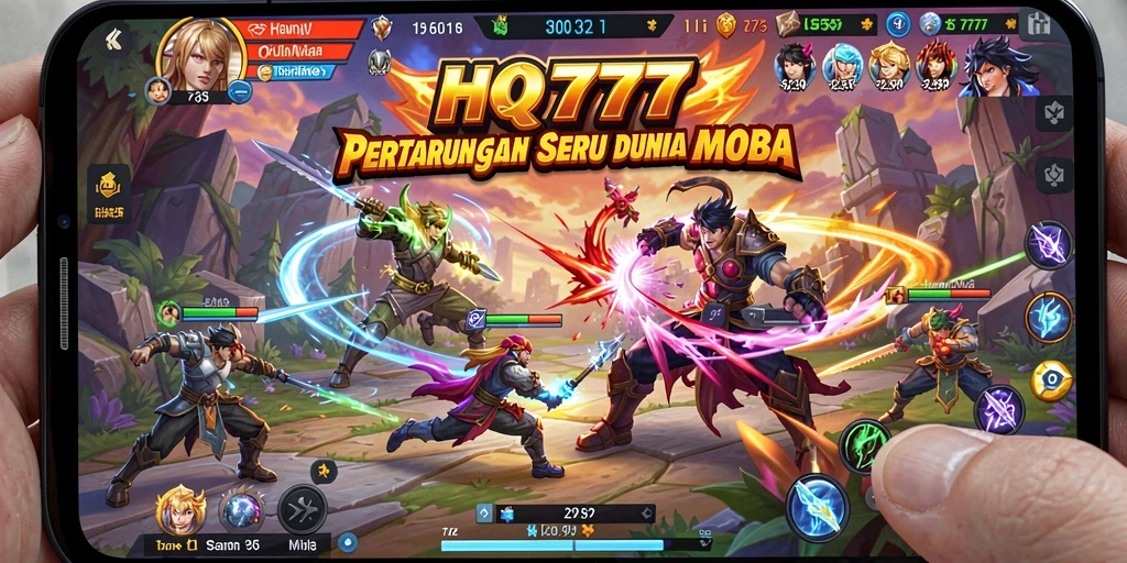Tampilan seru gameplay HQ777 dalam pertarungan MOBA.
