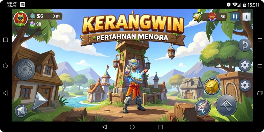 Tampilan menarik gameplay KERANGWIN dengan pertahanan menara yang strategis.
