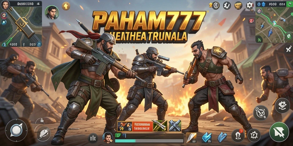 Screenshot utama gameplay PAHAM777 menampilkan pertempuran strategis dalam arena Battle Royale.