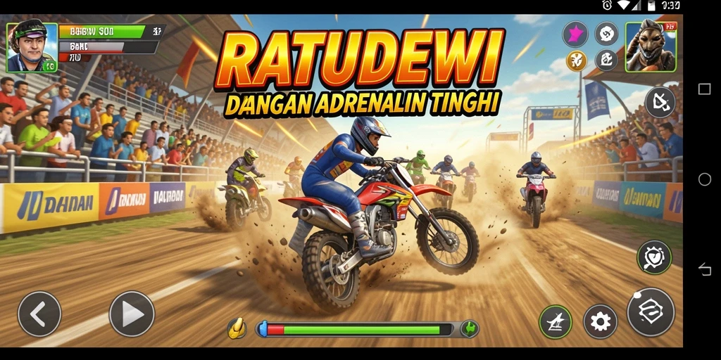 Screenshot utama RATUDEWI menampilkan duel balap yang mendebarkan.
