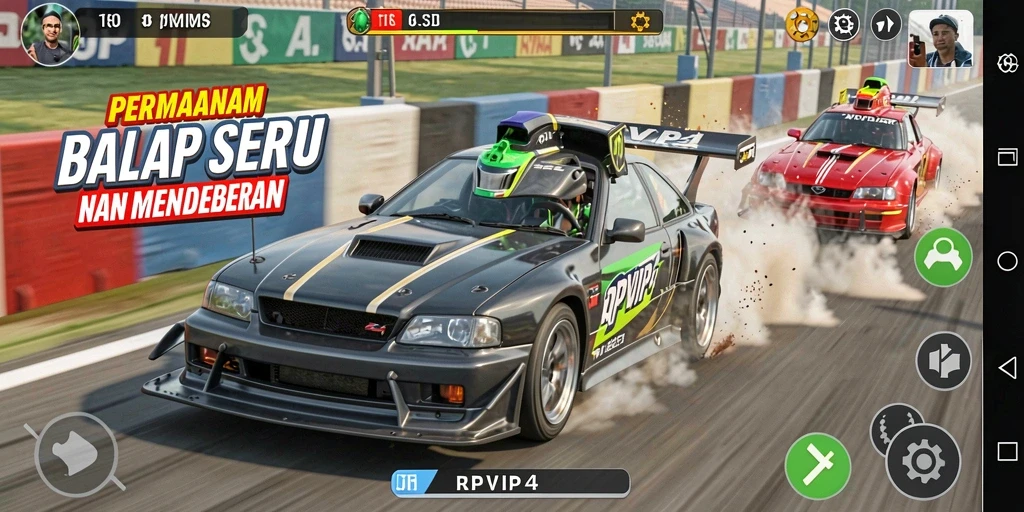 Gameplay seru RPVIP4 dengan mobil balap di trek menantang.