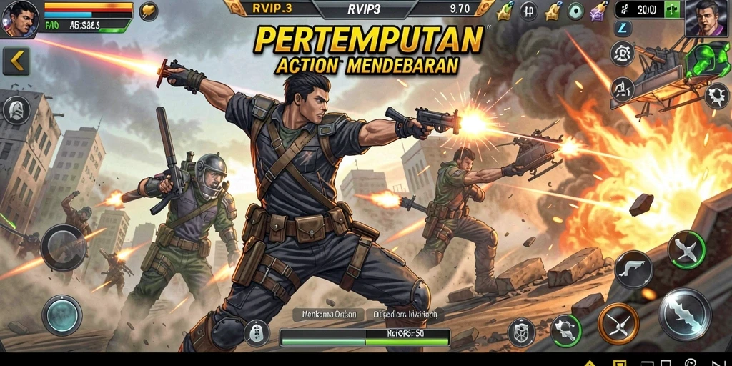 Screenshot gameplay RVIP3 dengan aksi pertempuran yang menegangkan.