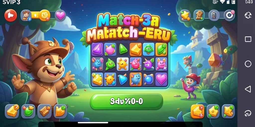 Screenshot game SVIP3 menunjukkan gameplay Match-3 yang seru dan penuh warna.