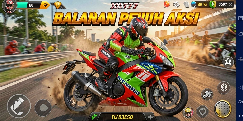 Screenshot utama XXX777 menampilkan aksi balapan motor yang seru.
